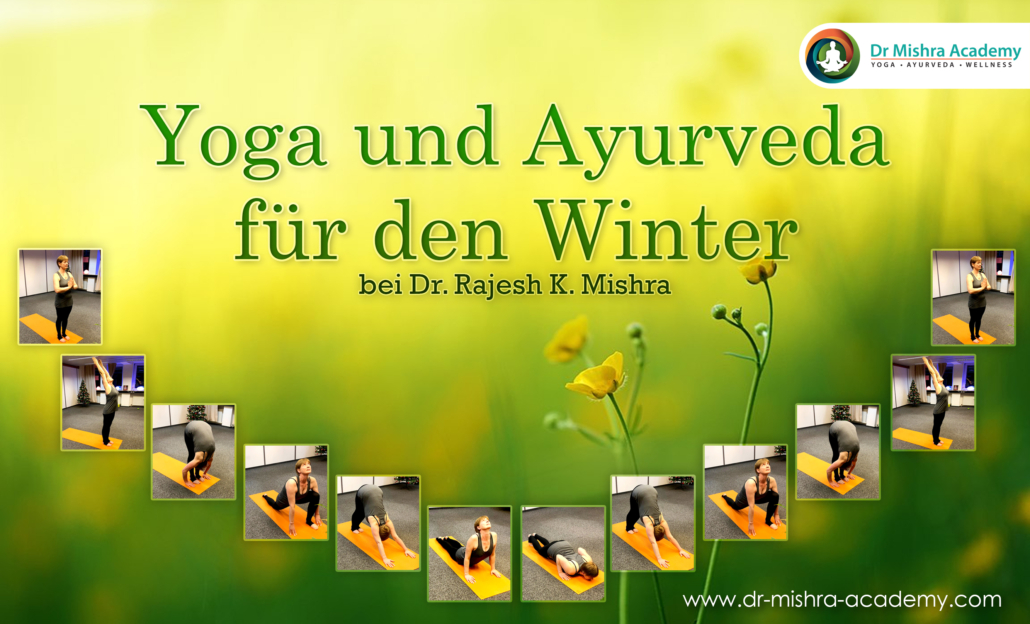 Grüner Hintergrund mit verschiedenen Asanas - Yogapositionen, wie Paddottanasana, Naukasana, Bandha Hasta Utthanasana, Gomukhasana, Tadasana, Sheetali Pranayama einschließlich Dr. Mishra Academy Logo.