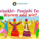 Vaisakhi- Punjabi Fest: Warum und wie? Bunter Hintergrund. Oben auf dem Flugblatt. Dr. Mishra Academy- Bremen und Hamburg Logo und in der Mitte ein tanzendes Punjabi-Nordindisches Paar. Unten die Website.